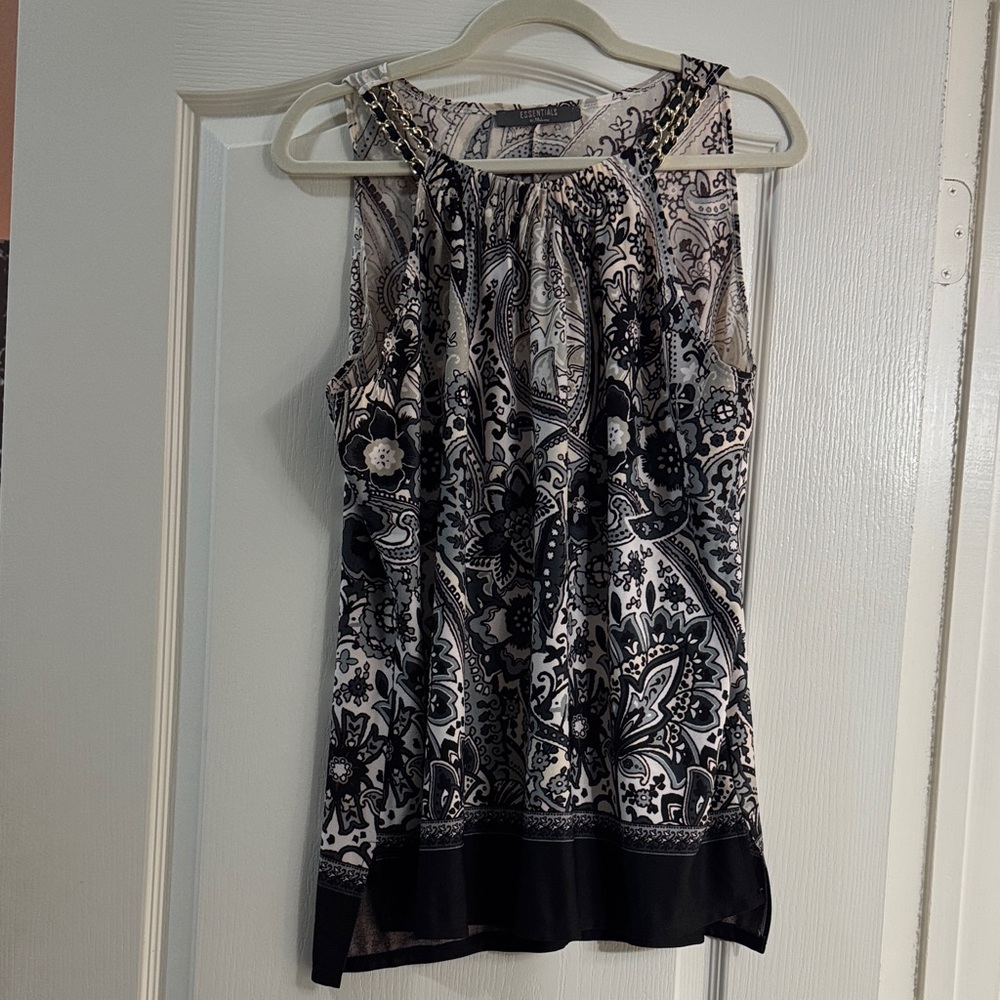 Essentials by Milano Black, Beige and White Paisley Blouse